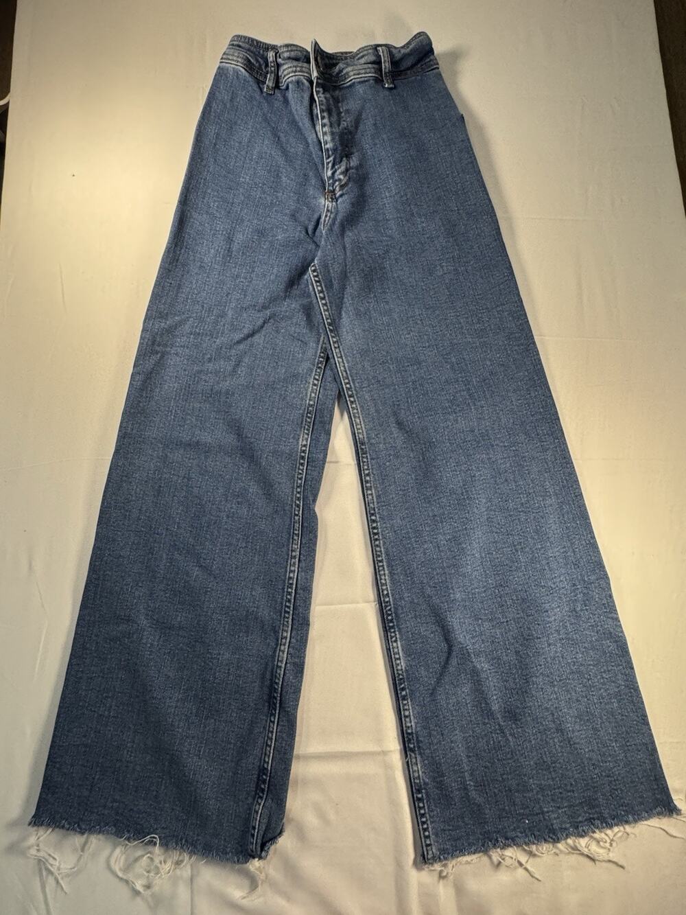 Zara Jeans Womens 2 Blue The Marine Straight Raw Hem High-Rise Wide Leg Boho
